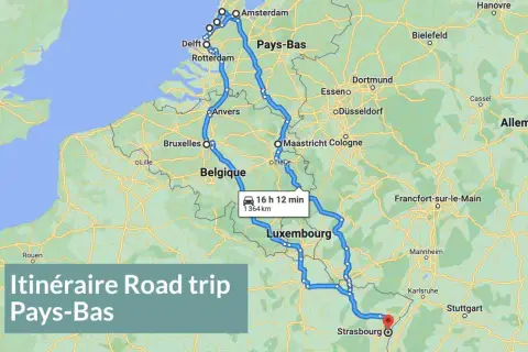 Carte d'un road trip en camping-car aux Pays-Bas, traversant la Belgique et le Luxembourg. L'itinéraire de 1364 km dure 16h12.