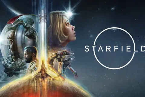 Visuel de Starfield : un astronaute, une femme regardant vers le ciel, un robot et un vaisseau spatial s'élèvent d'une planète.