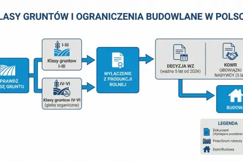Schemat blokowy procesu budowy domu na działce rolnej: sprawdź klasę gruntu, wyłączenie z produkcji rolnej, decyzja WZ, KOWR, budowa.