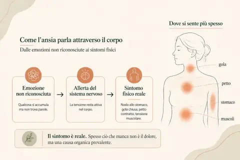 L'ansia somatizzata allo stomaco si manifesta con nodo, gola chiusa, petto contratto. Il sintomo è reale, ma la causa è spesso emotiva.