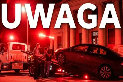 Policjant rozmawia ze zrozpaczonym kierowcą, gdy jego samochód jest ładowany na lawetę. Konfiskata samochodu w nocy, oświetlona czerwonymi światłami.