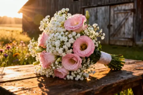 Eustoma bukiet z kroplami rosy na drewnianym stole, w tle stodoła i zachodzące słońce.