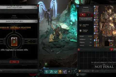Wzmocnienie przedmiotu w Diablo 4 Sezony: "Błogosławiony przez Wysokie Niebiosa" - ulepszono afiks do większego.