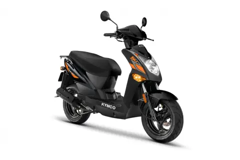 Ciclomotor Kymco negro con detalles naranjas, ideal para la ciudad. Su ciclomotor cilindrada ofrece agilidad y estilo.