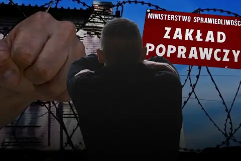 Zaciśnięta pięść i sylwetka młodego człowieka na tle drutu kolczastego i tablicy "Zakład Poprawczy".