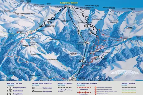 Mapa Tatr z zaznaczonymi trasami narciarskimi i pieszymi. Widać Kasprowy Wierch, kolejkę Gąsienicową i Goryczkową, Dolinę Gąsienicową i Goryczkową.