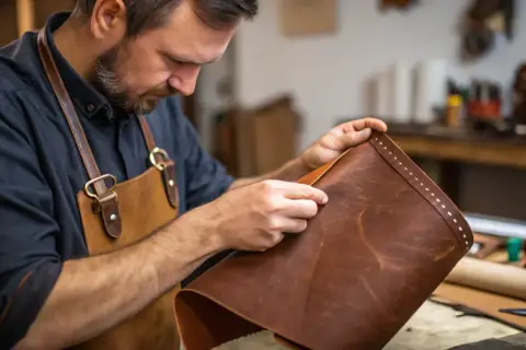 Artisan examine un cuir brun, vérifiant sa texture pour savoir si c'est du vrai cuir.