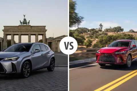 Dwa modele Lexus SUV: srebrny przed Bramą Brandenburską, czerwony na krętej drodze.