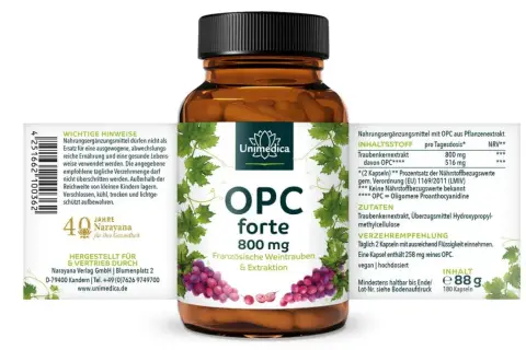 Flasche OPC forte 800 mg mit Weintraubenextrakt. Einnahme: 2 Kapseln täglich mit Flüssigkeit. OPC einnahme morgens oder abends möglich.