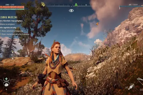 Aloy w Horizon Zero Dawn PC przemierza malowniczy świat, zbierając zasoby i walcząc z maszynami.