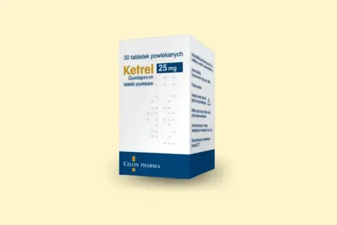 Opakowanie leku Ketrel 25 mg, zawierające 30 tabletek powlekanych. Stosowany w leczeniu schizofrenii i zaburzeń dwubiegunowych.