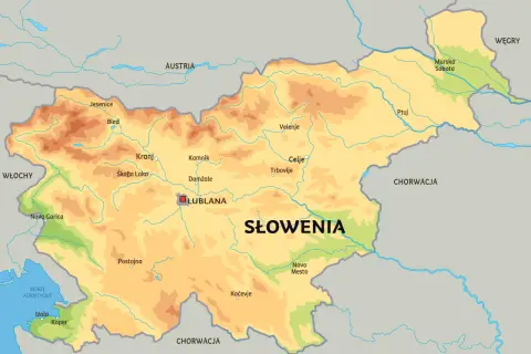 Mapa Słowenii, pokazująca jej położenie między Austrią, Włochami, Węgrami i Chorwacją, z zaznaczonymi miastami jak Lublana.