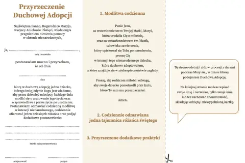 Formularz przyrzeczenia duchowej adopcji dziecka poczętego. Zawiera modlitwę, miejsce na dane i dodatkowe postanowienia.