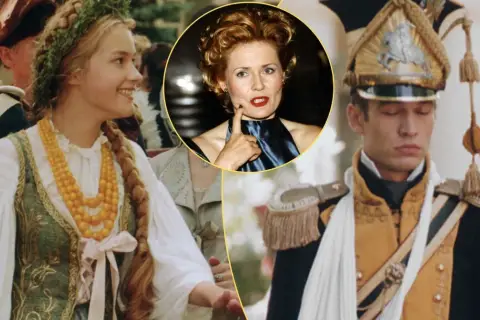 Młoda dziewczyna w wianku i żołnierz w mundurze z epoki, przypominający scenę z filmu "Pan Tadeusz". W tle kobieta w okręgu.