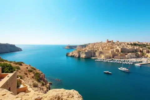 Malta, październik: słoneczna pogoda nad turkusowym morzem, z widokiem na zabytkowe miasto i port pełen łodzi.