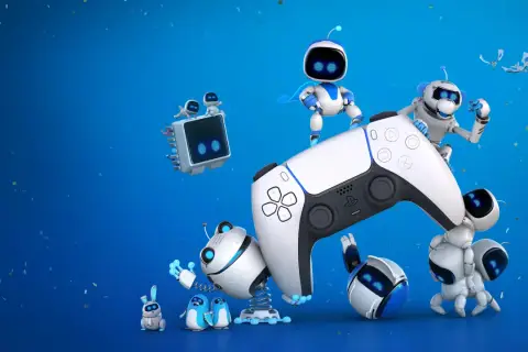 Urocze roboty świętują z kontrolerem PS5, sugerując radość z darmowych gier na PS5.