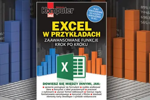 Okładka książki "Excel w przykładach" z ikoną programu i wykresami słupkowymi. Tabela Excel wzór.