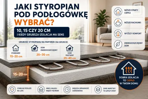 Grubość styropianu pod podłogówkę: od 15 cm dla standardu, 20-30 cm dla energooszczędnych domów, 25-40 cm dla domów pasywnych. Dobra izolacja to ciepło.