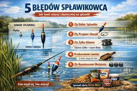Ilustracja o wędkowaniu na spławik, pokazująca błędy i akcesoria, w tym różne spławiki. Zobacz, jak łowić mądrzej i więcej!