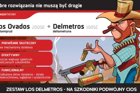 Kowboj z cygarem ładuje broń amunicją z napisem Delmetros. Zestaw Los Ovados i Delmetros to podwójny cios dla szkodników.