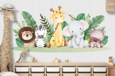 Urocze naklejki na ścianę safari: lew, zebra, żyrafa, słoń i hipopotam wśród liści.