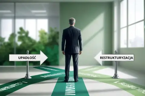 Biznesmen stoi na rozdrożu, wybierając między upadłością a restrukturyzacją.