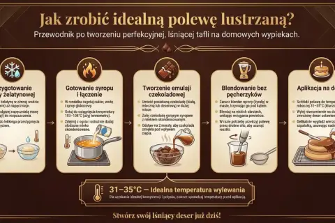 Instrukcja krok po kroku, jak przygotować idealną polewę lustrzaną z żelatyną. Proces obejmuje gotowanie syropu, tworzenie emulsji czekoladowej i blendowanie.