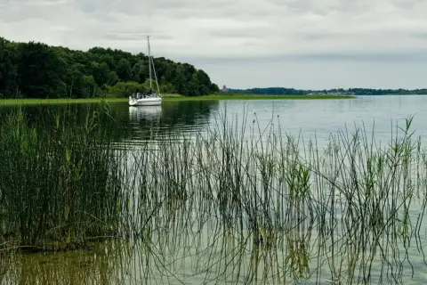 Żaglówka na jeziorze, w oddali las i zabudowania. Odległość do Mikołajek Giżycko.