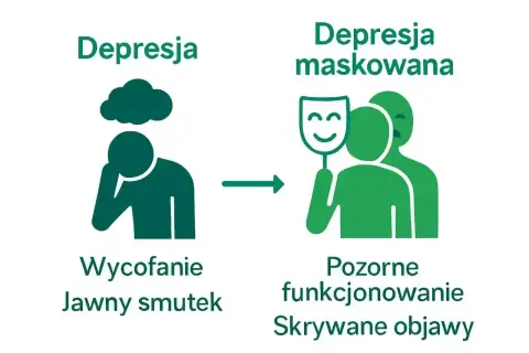 Ilustracja pokazuje przejście od jawnego smutku i wycofania do pozornego funkcjonowania i ukrytych objawów, czyli depresji maskowanej.