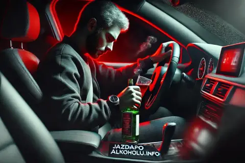 Mężczyzna za kierownicą z butelką i szklanką alkoholu. Grozi mu 178a kk.