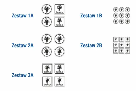 Zestawy oznaczeń włączników światła: ikony żarówki w okręgu i kwadracie z napisem "ŚWIATŁO".