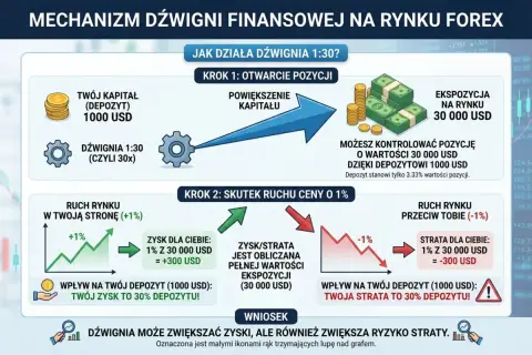 Dźwignia finansowa 1:30 pozwala kontrolować 30 000 USD z depozytem 1000 USD. Ruch ceny o 1% to 300 USD zysku lub straty.
