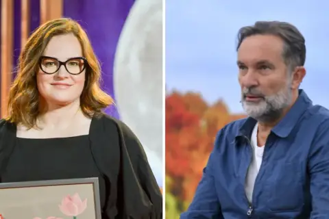 Joanna Kołaczkowska w okularach i mężczyzna z brodą w niebieskiej kurtce.