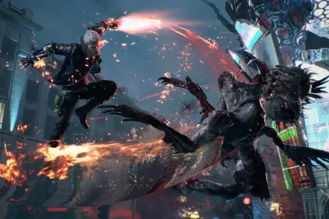 Nero w powietrzu, strzelając z ręki, walczy z potworem w mieście. Wygląda jak scena z Devil May Cry 6.