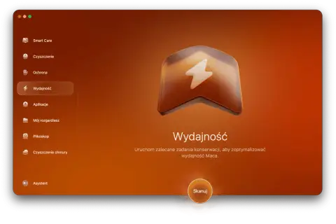 Interfejs aplikacji na macOS Monterey z opcją "Wydajność" podświetloną. Ikona błyskawicy i przycisk "Skanuj" sugerują optymalizację systemu.
