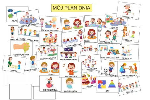 Kolorowy plan dnia przedszkolaka: relaks, zajęcia na dywanie, prace przy stoliku, język angielski, obiad, zabawy na placu zabaw, dogoterapia i wiele innych aktywności.