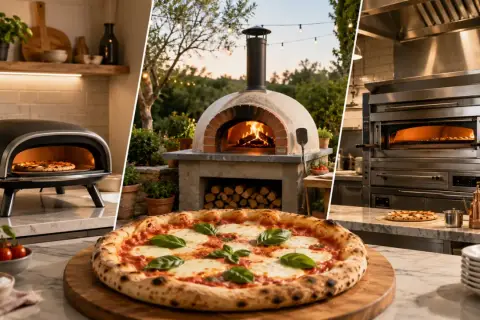 Różne rodzaje pizzy i pieców do jej wypieku: nowoczesny piec stołowy, tradycyjny piec opalanym drewnem i profesjonalny piec gastronomiczny.