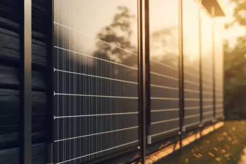Nowoczesny płot z paneli fotowoltaicznych odbija ciepłe światło zachodzącego słońca, tworząc zieloną energię.