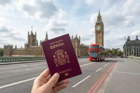 Pasaporte español en mano, listo para viajar a Londres. Al fondo, el Big Ben y el Parlamento.