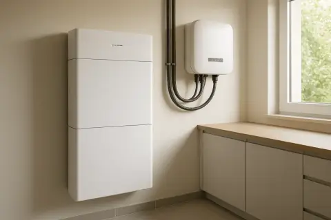 Nowoczesny system magazynowania energii elektrycznej z białym modułem bateryjnym i falownikiem na ścianie.