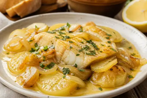 Merluza al horno jugosa con patatas panadera y cebolla caramelizada, espolvoreada con perejil fresco.