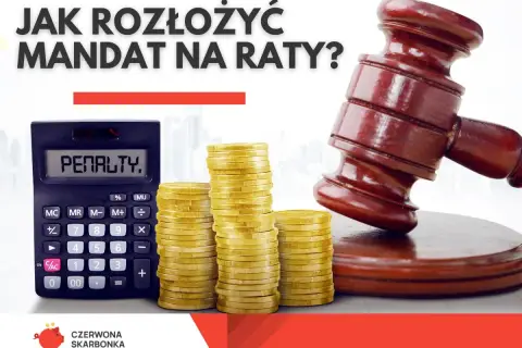 Jak rozłożyć mandat na raty? Kalkulator z napisem "PENALTY", stosy monet i młotek sędziowski sugerują, że to temat finansów i prawa.