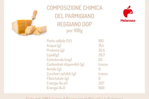 Composizione chimica del Parmigiano Reggiano DOP per 100g: 397 kcal. Dati nutrizionali completi per un alimento gustoso.