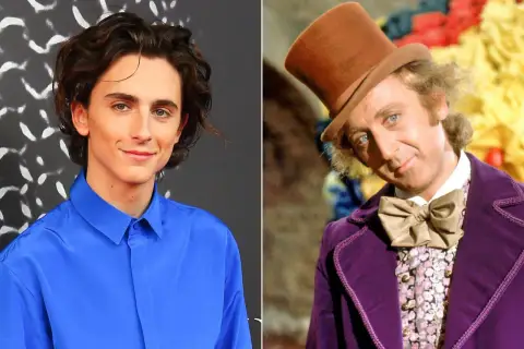 Timothée Chalamet jako Willy Wonka w "Charlie i fabryka czekolady 2023" obok Gene'a Wildera.