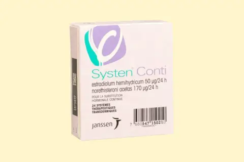 Opakowanie leku Systen Conti, zawierające 24 systemy transdermalne do ciągłej terapii hormonalnej.