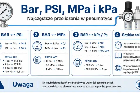 Jednostki ciśnienia: bar, PSI, MPa, kPa. Wykres pokazuje przeliczenia i przykłady, np. 1 bar to ok. 14,5 PSI.