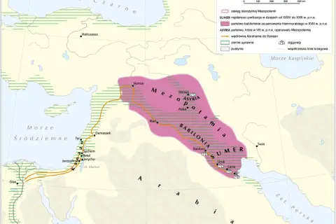 Mapa Mezopotamii z zaznaczoną wędrówką Abrahama do Kanaanu, gdzie osiedlili się izraelici.