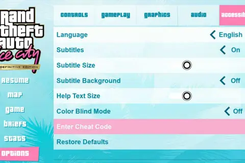 Menu opcji GTA Vice City. Wpisz kody do GTA Vice City, aby odblokować nowe możliwości.