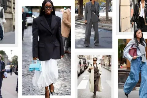 Estilos de moda con **layering**: trajes grises, blazers negros con faldas blancas, abrigos largos y chaquetas de cuero.