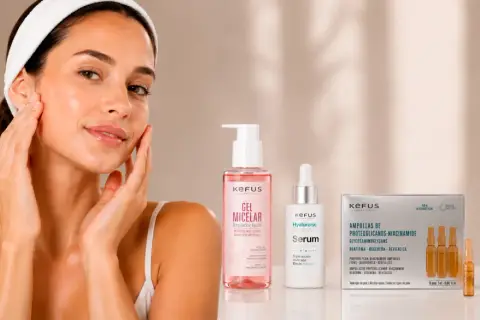 Mujer con piel radiante, aplicando productos de cuidado facial. Ideal para piel grasa, con gel micelar, serum y ampollas.